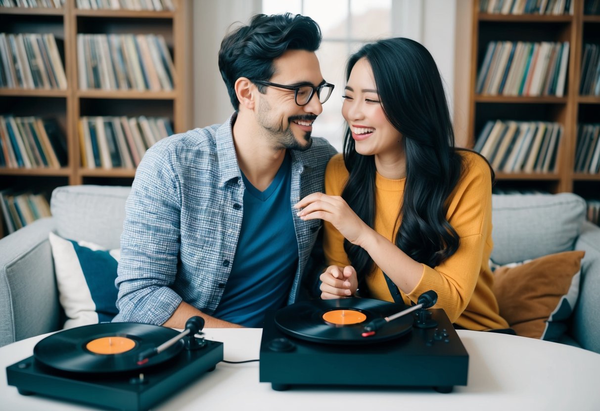 A couple sits together, surrounded by records and a turntable. They listen to music, sharing smiles and laughter as they discover songs that resonate with both of them
