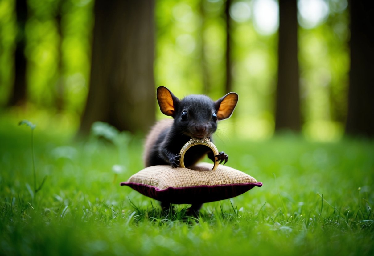 A small creature carries a decorative ring on a cushion through a lush forest clearing