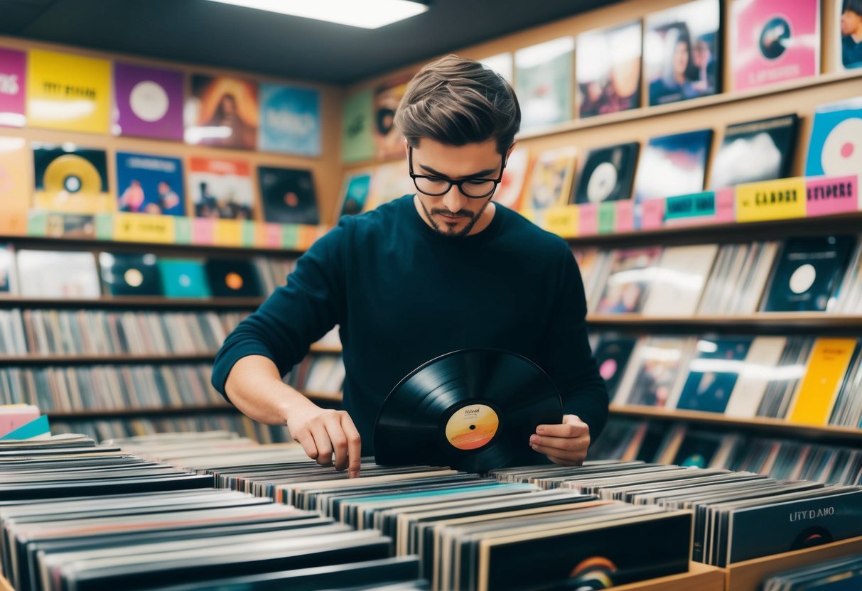 A person browsing through vinyl records in a music store, surrounded by colorful album covers and genre sections