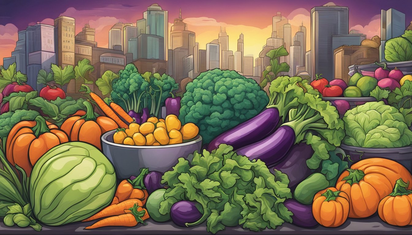 A colorful graffiti mural depicting various vegetable alternatives to eggplant, with vibrant and diverse substitutes filling the scene