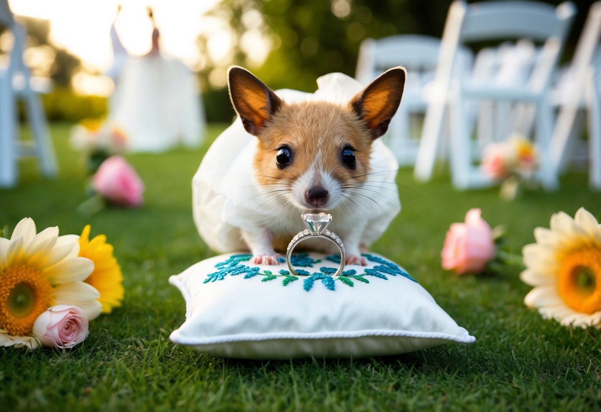 A small animal carrying a ring on a decorative pillow, surrounded by flowers and a wedding setting