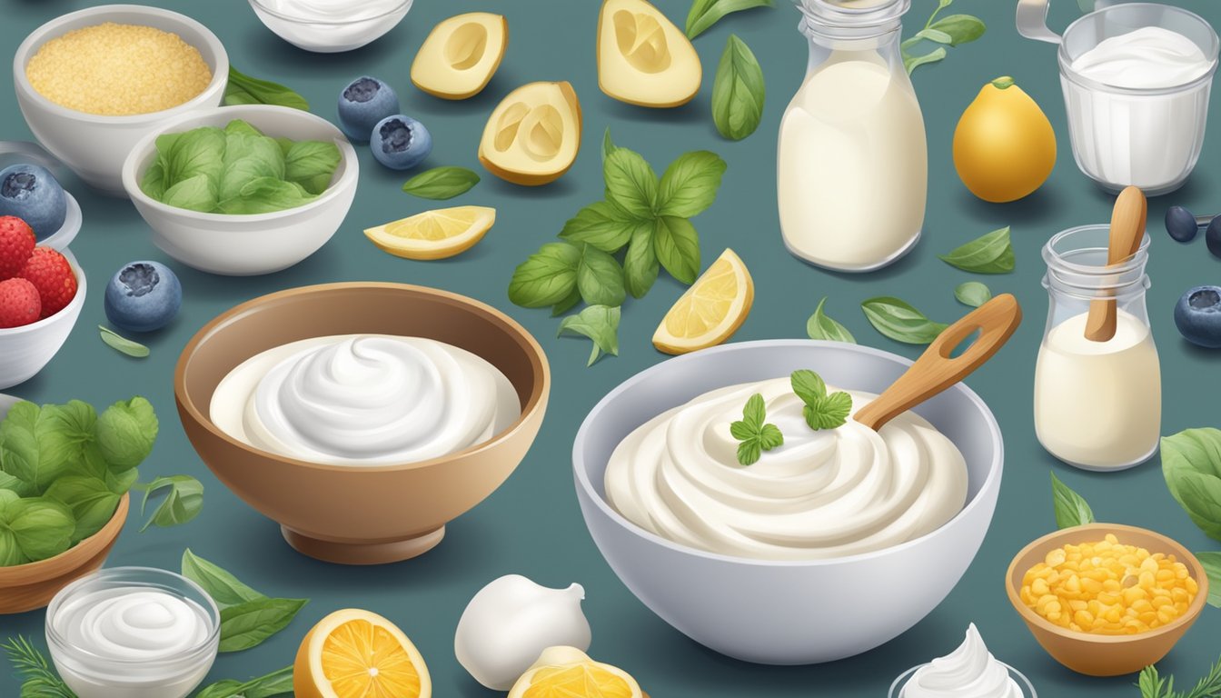 A bowl of greek yogurt substitutes surrounded by ingredients and kitchen utensils for cooking and baking