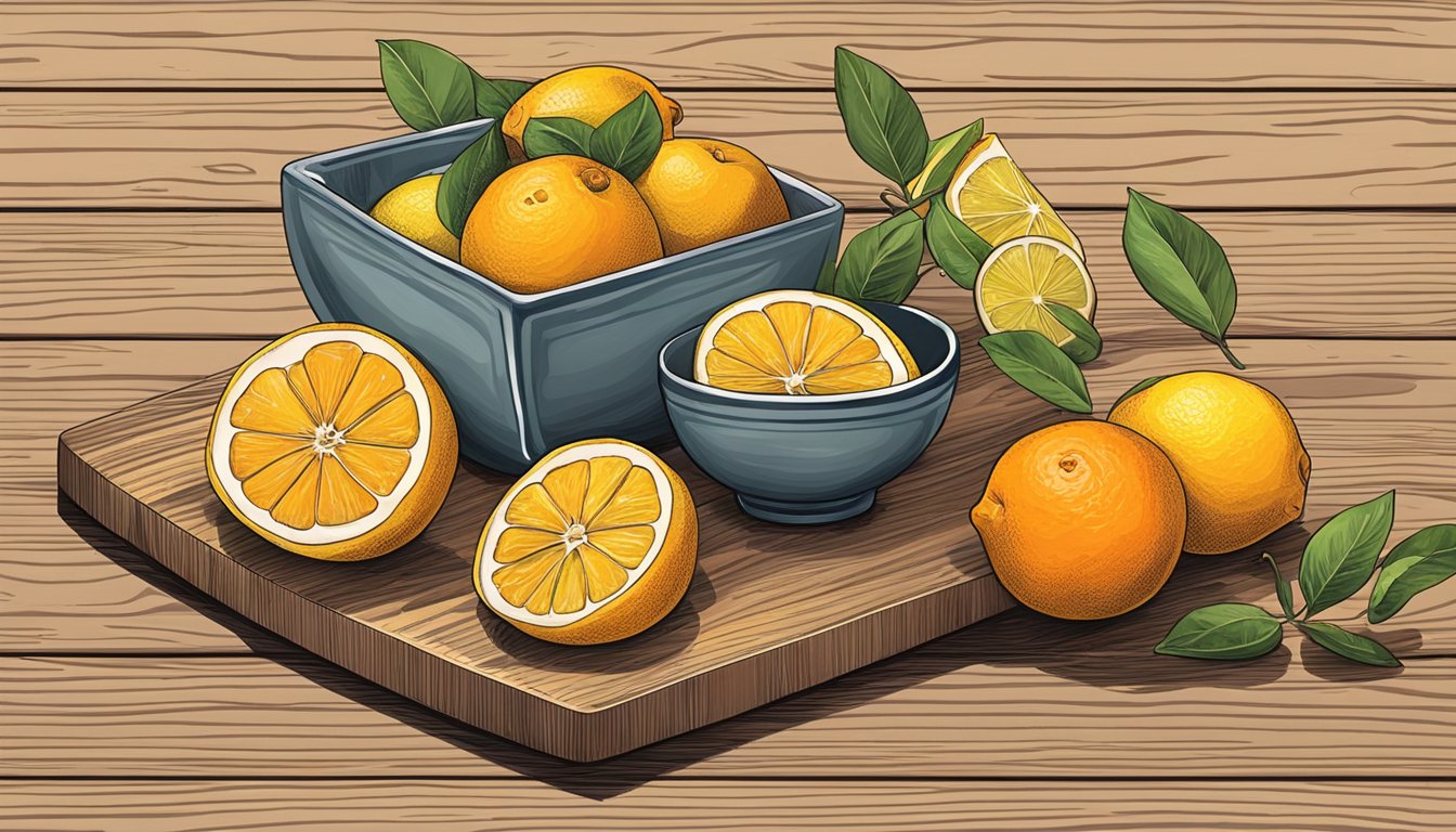 A bowl of sliced oranges and lemons arranged on a wooden cutting board