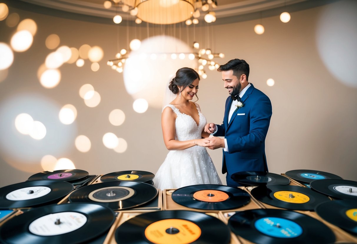 A couple stands surrounded by a collection of vinyl records, carefully selecting the perfect song for their upcoming dance