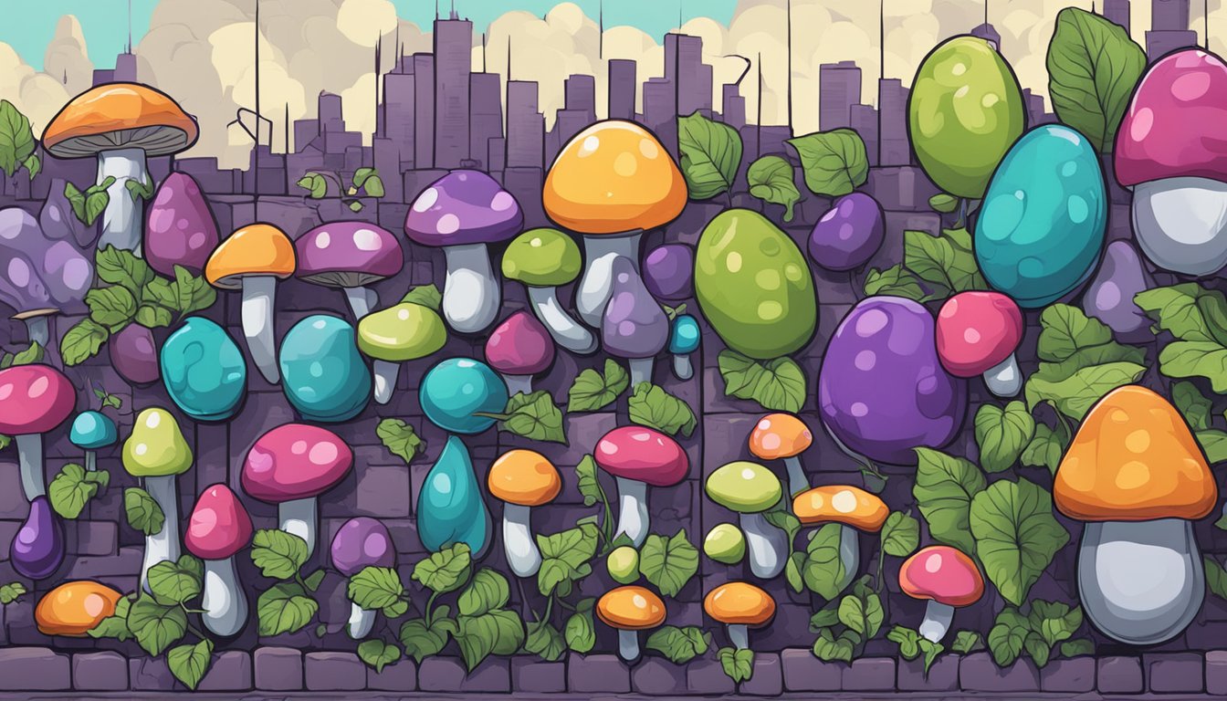 A vibrant city wall covered in graffiti of eggplants and mushrooms