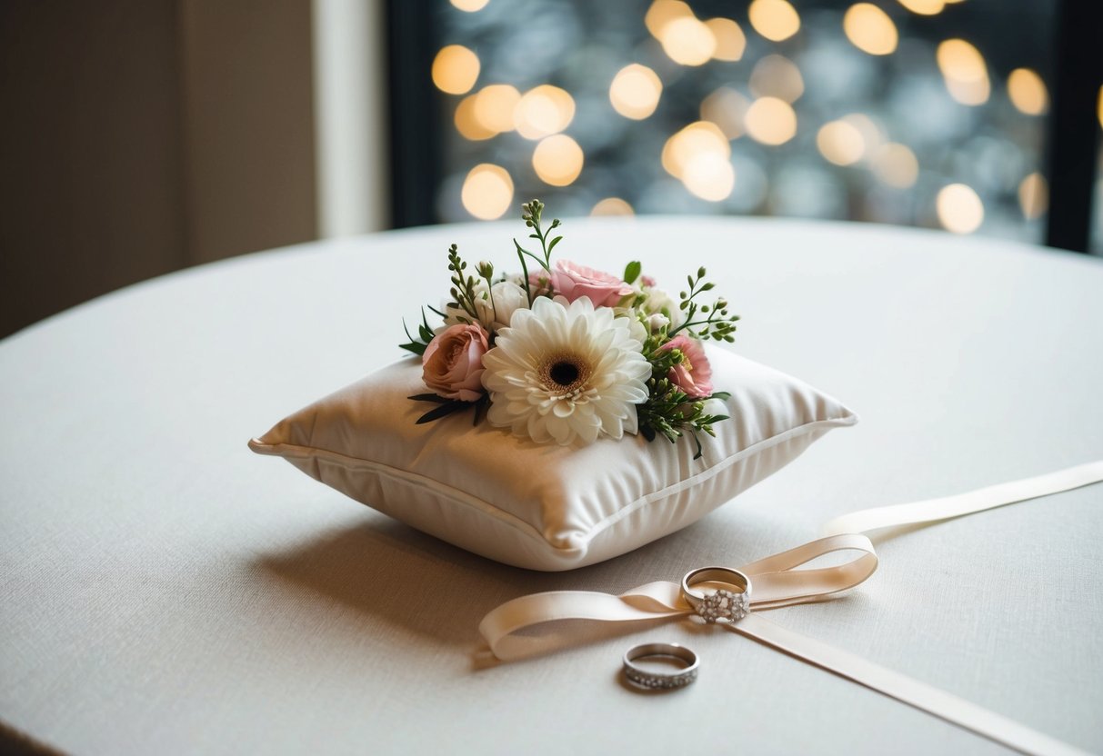 A small pillow adorned with flowers and ribbons sits on a table, ready to hold the precious wedding rings