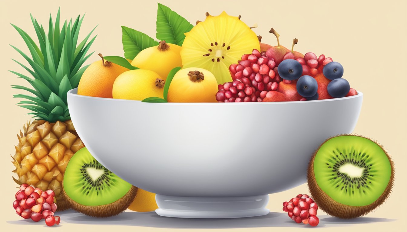 A bowl filled with various non-citrus fruits, such as kiwi, pineapple, and pomegranate, arranged in an appealing and colorful display