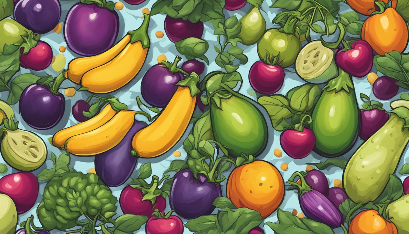 A colorful graffiti mural depicts alternative fruits and legumes as eggplant substitutes