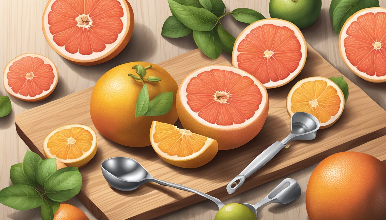 A variety of grapefruit substitutes arranged on a wooden cutting board with a knife and measuring spoons nearby