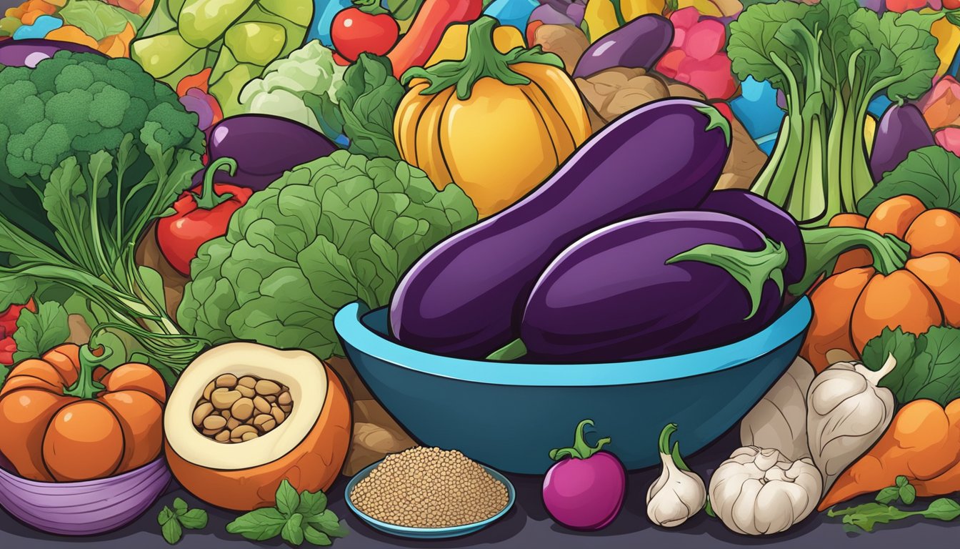 A colorful array of protein-rich vegetables and legumes arranged in front of a graffiti-covered eggplant