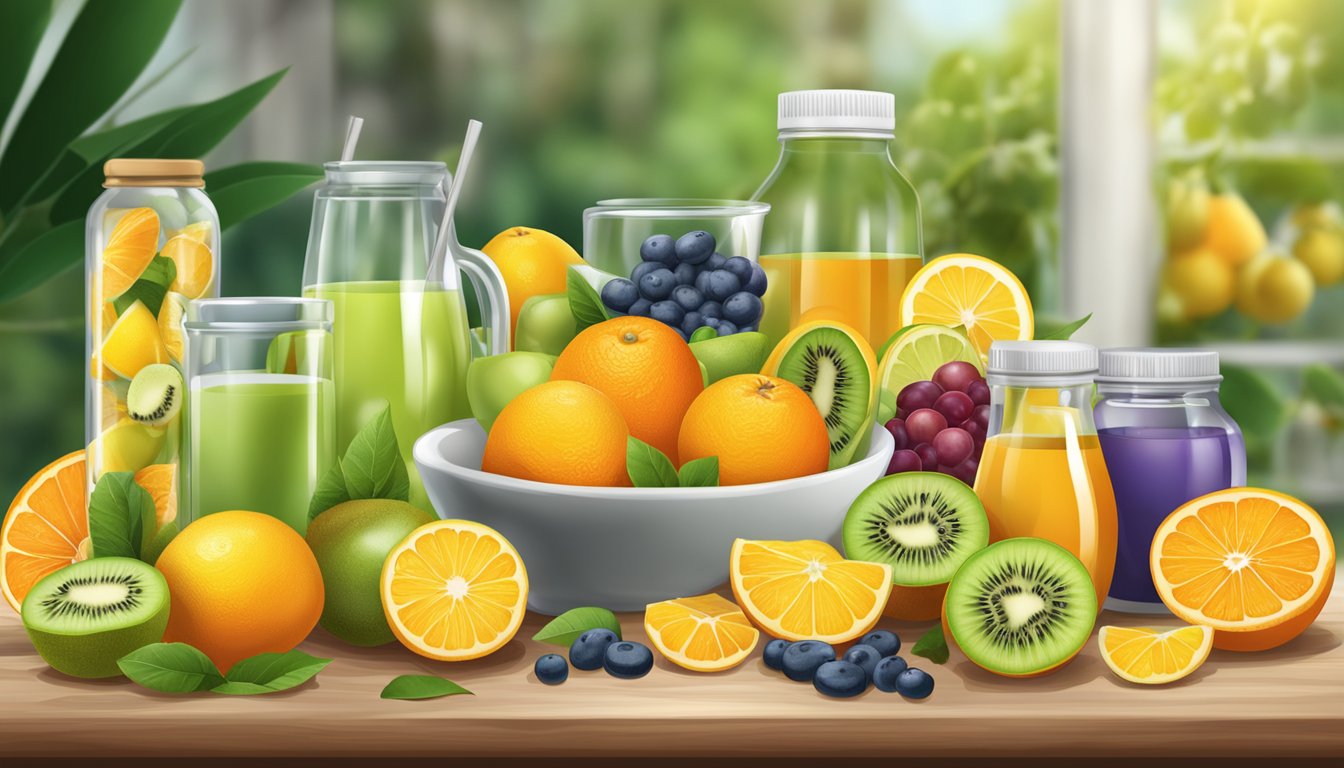 A table set with various fruits, including oranges, lemons, and kiwis, alongside a variety of dietary supplements and alternative ingredients