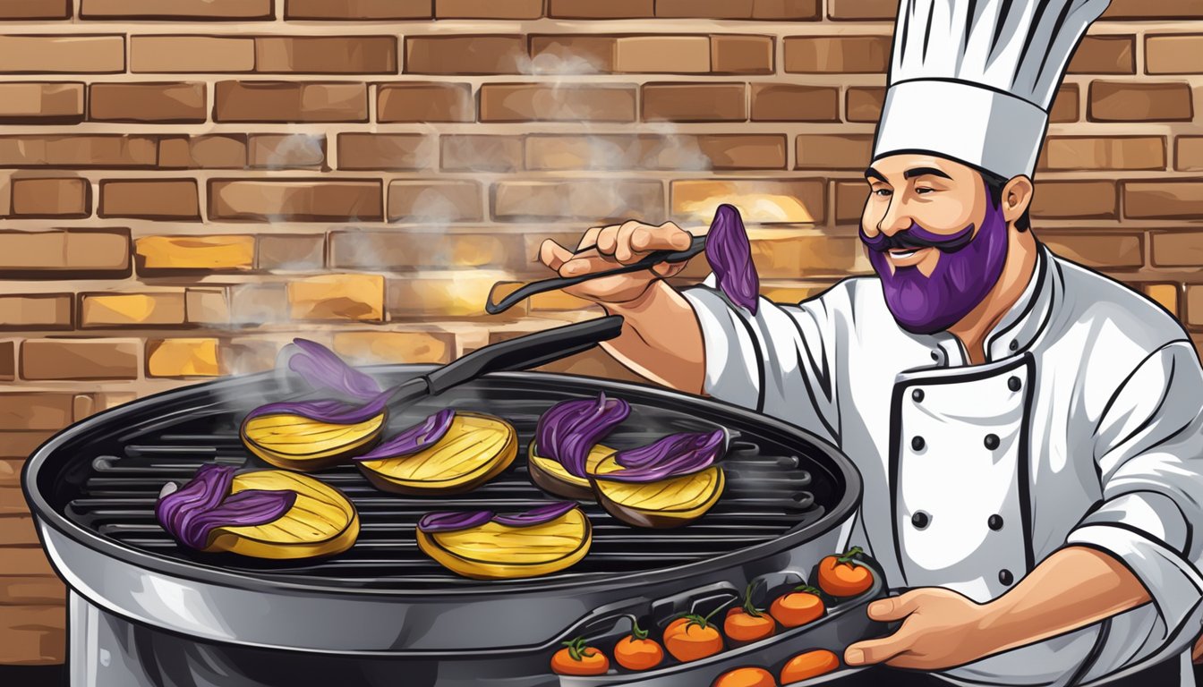 A chef grills graffiti eggplant slices on a sizzling hot pan