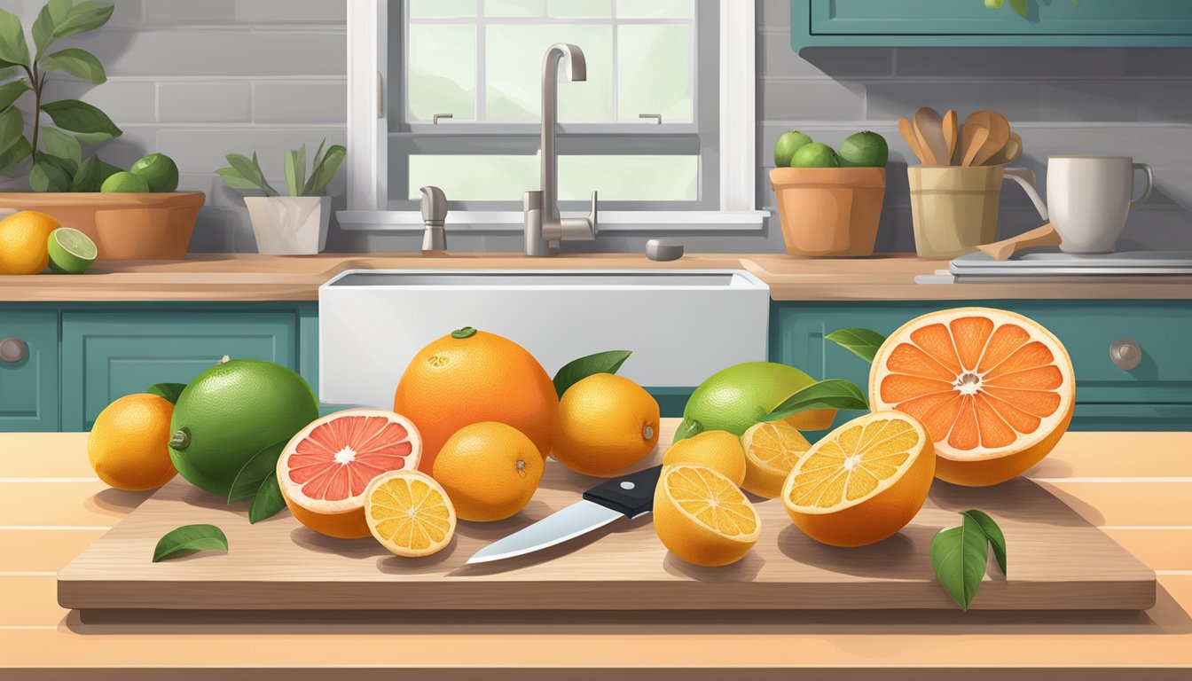 A kitchen counter with various citrus fruits, a cutting board, knife, and a bowl of grapefruit segments