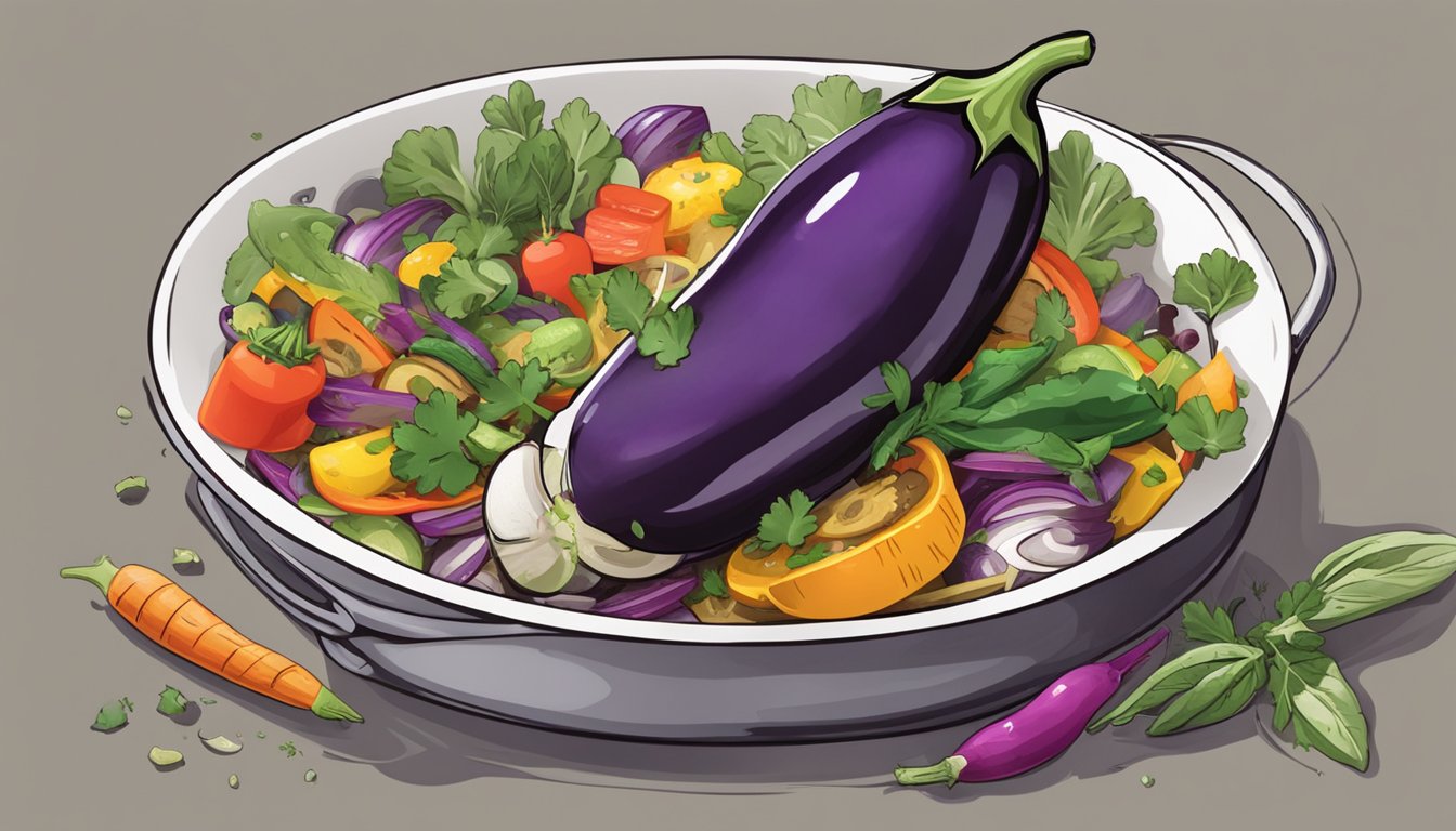 A graffiti eggplant being sliced and added to a sizzling stir-fry, surrounded by colorful vegetables and aromatic herbs