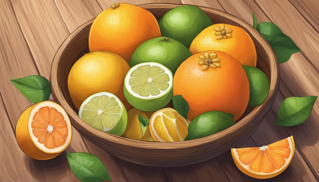 A bowl of assorted citrus fruits, with grapefruit substitutes like oranges and pomelos, arranged on a wooden table