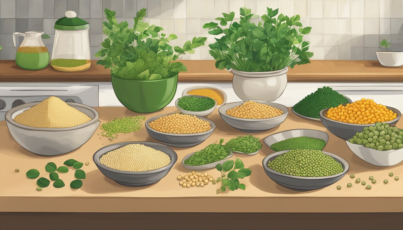 A table with various green gram substitutes: lentils, chickpeas, quinoa, and tofu. A chef's hat and apron nearby