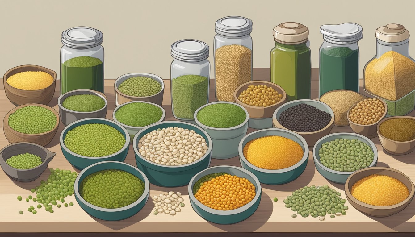 A variety of green gram substitutes arranged on a kitchen counter with different types of lentils and beans in separate containers. A cookbook open to a page with recipe and preparation tips