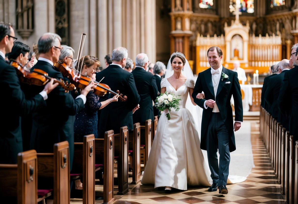 Princess Margaret walks down the aisle as the orchestra plays a majestic and romantic piece of music, filling the grand cathedral with its enchanting melody