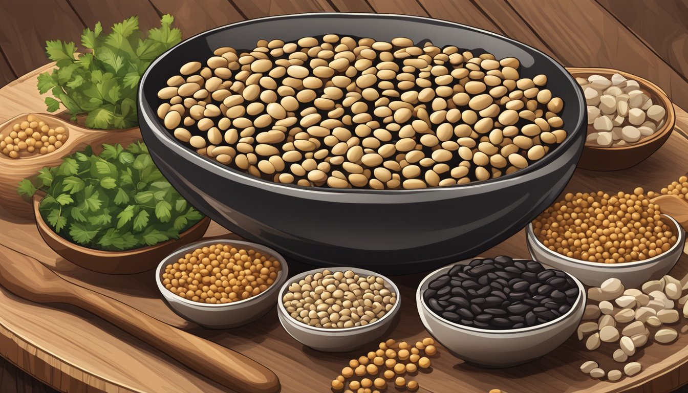 A bowl of great northern beans surrounded by various alternative ingredients like chickpeas, lentils, and black beans on a wooden cutting board