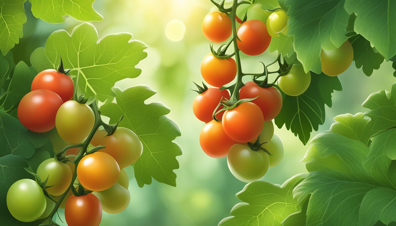 A cluster of grape tomatoes on a vine, surrounded by vibrant green leaves and illuminated by natural sunlight