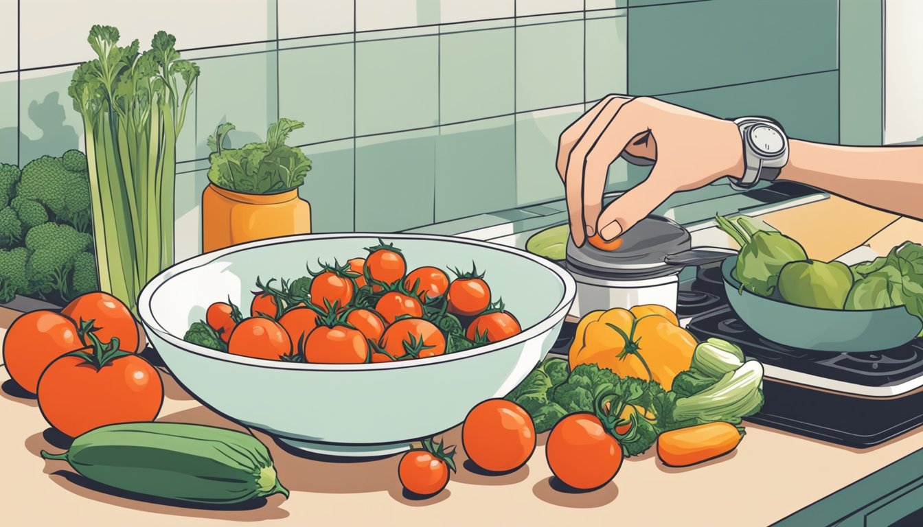 A hand reaching for cherry tomatoes next to a bowl of various vegetables on a kitchen counter