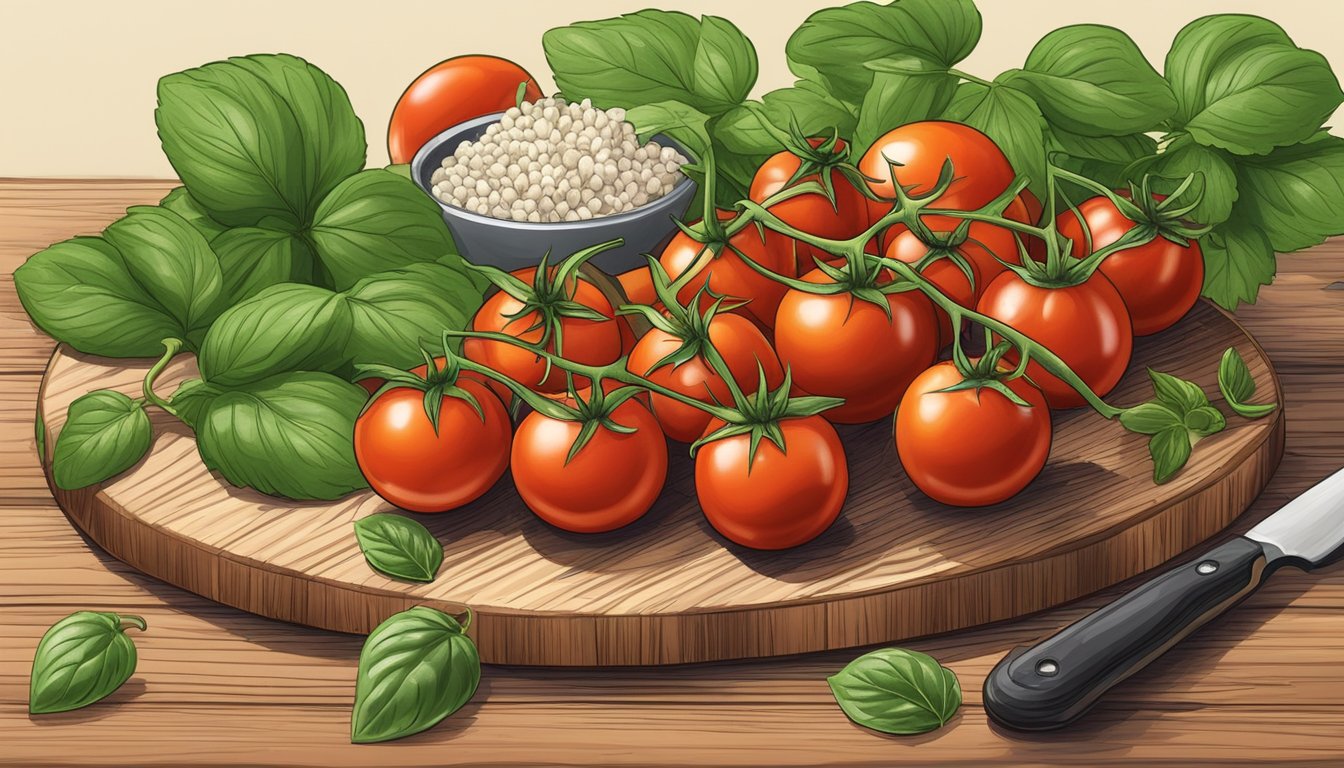 A cluster of grape tomatoes surrounded by basil leaves and garlic cloves on a wooden cutting board