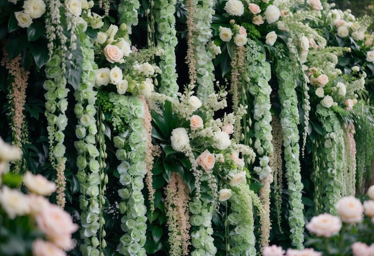 A lush garden with cascading florals in a soft, ethereal shade of green, accented with delicate touches of gold and blush