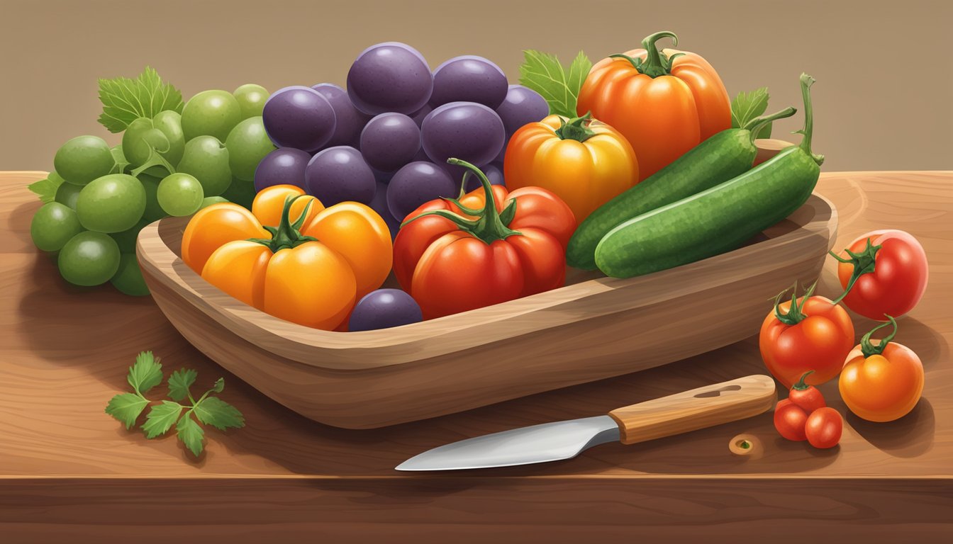 A bowl of assorted grape tomatoes with various non-tomato alternatives such as bell peppers, carrots, and cucumbers arranged on a wooden cutting board