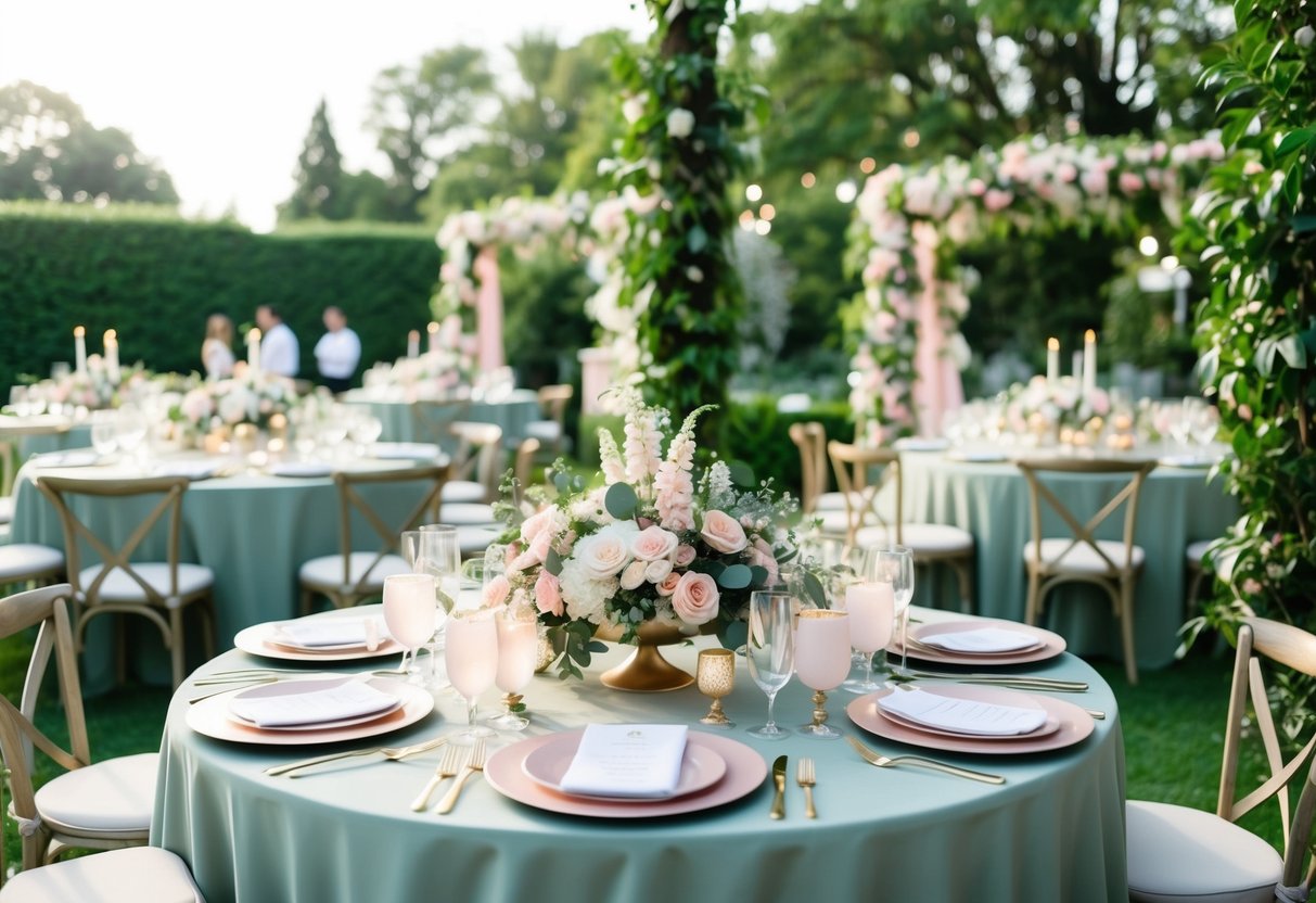 A lush garden wedding with a color palette of soft sage green, blush pink, and gold accents. The scene is adorned with cascading florals and elegant table settings