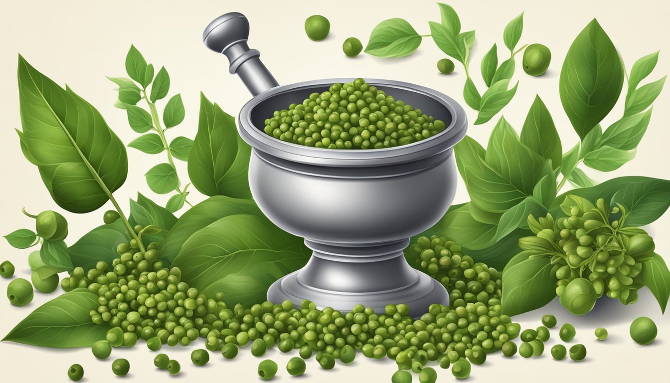 Green peppercorns surrounded by vibrant leaves and stems, with a mortar and pestle nearby for grinding