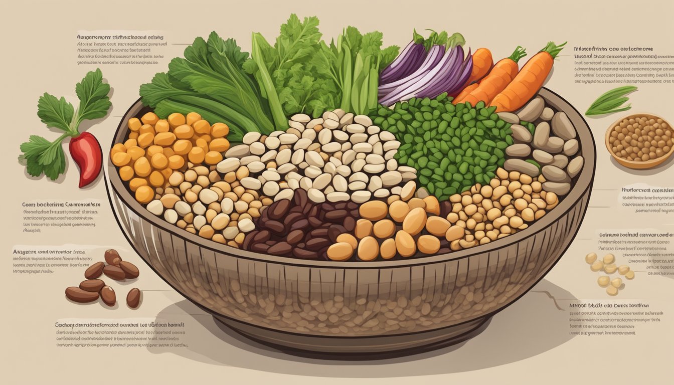 A bowl of great northern beans, surrounded by alternative options like chickpeas, lentils, and kidney beans. A variety of fresh vegetables and herbs are also present