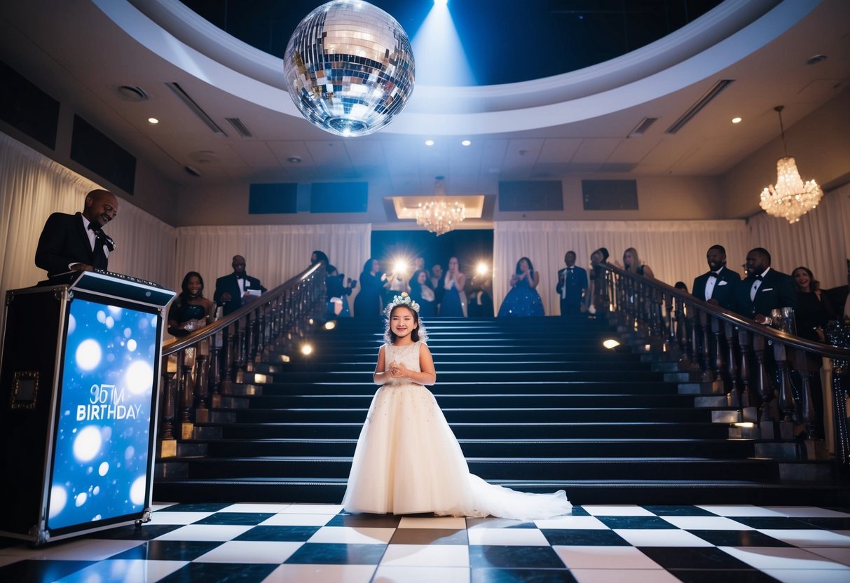 A spotlight shines on a grand staircase as a glittering disco ball spins above. A DJ booth plays a lively entrance song as the birthday girl makes her grand entrance