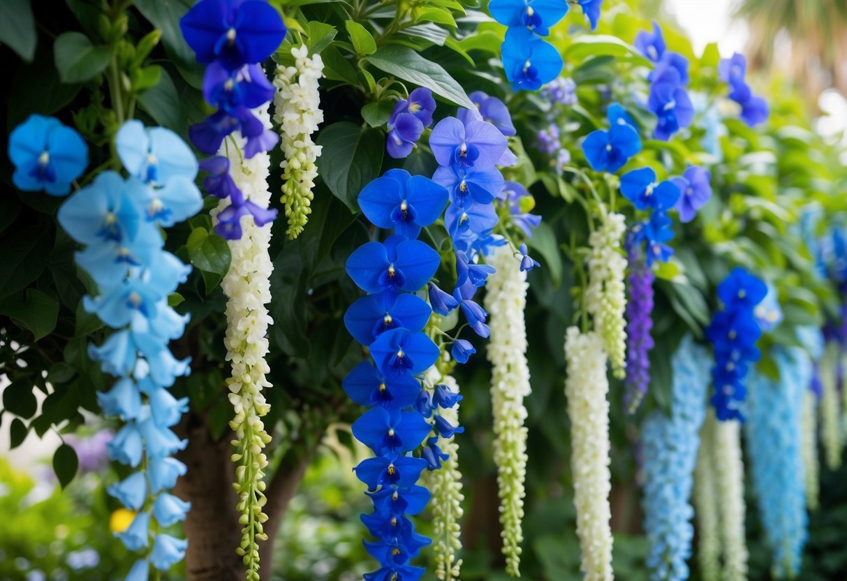 A lush garden with cascading flowers in shades of "Ocean Blue," the color of the year for weddings in 2024