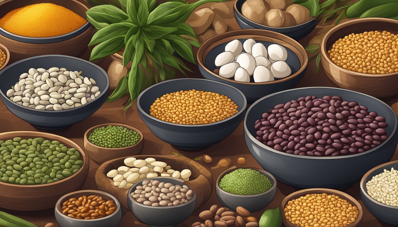 A table set with bowls of different beans, surrounded by regional cooking ingredients and cultural artifacts