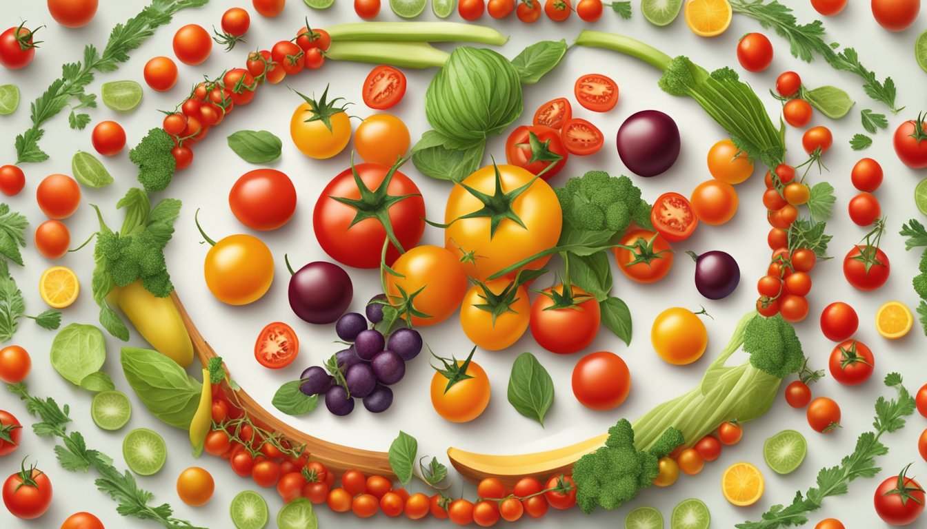 A bowl of cherry tomatoes arranged in a spiral pattern, surrounded by various fruits and vegetables