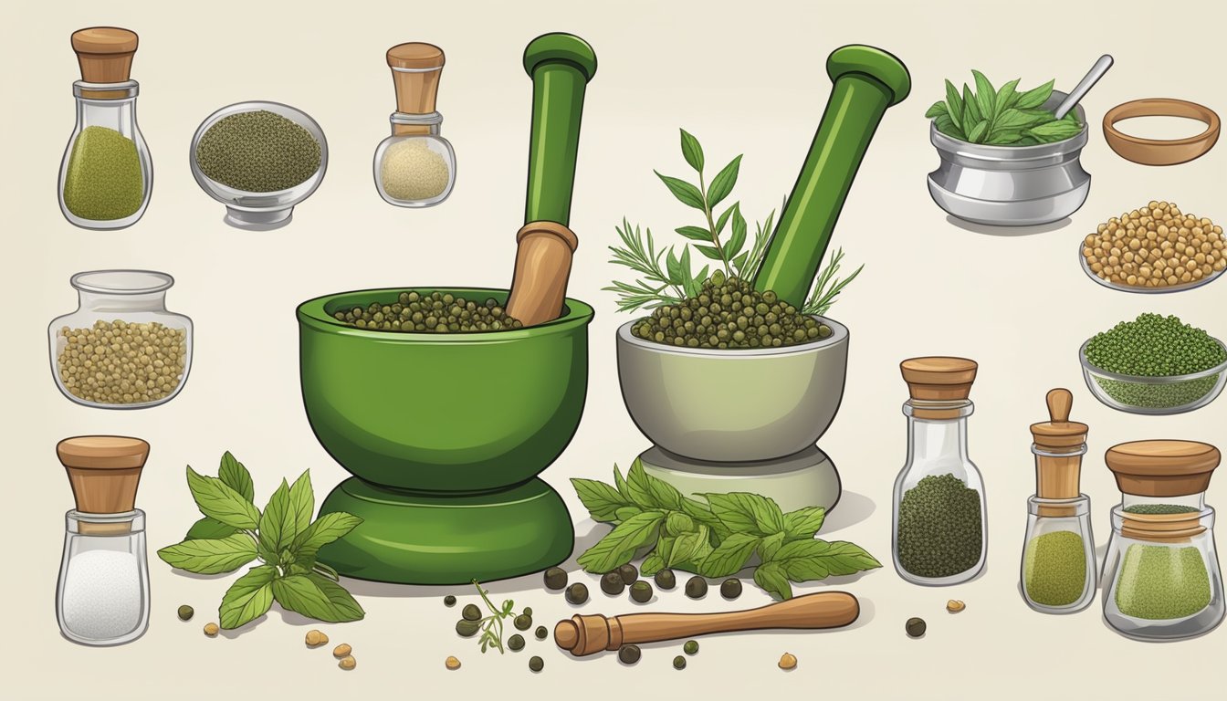 A mortar and pestle crushing various herbs and spices, including green peppercorns, with a selection of substitute options nearby