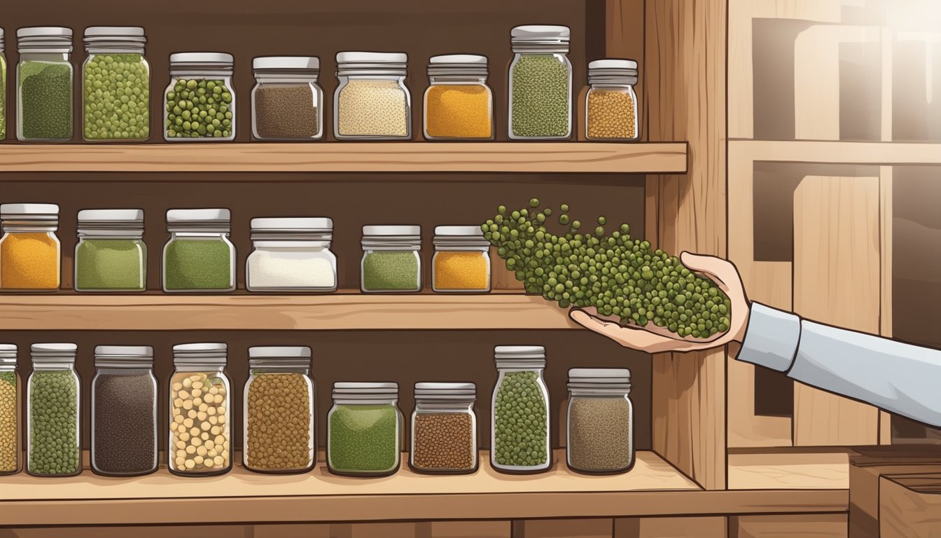 A hand reaching for a jar of green peppercorns on a spice rack, with various spices and herbs neatly organized on the shelves