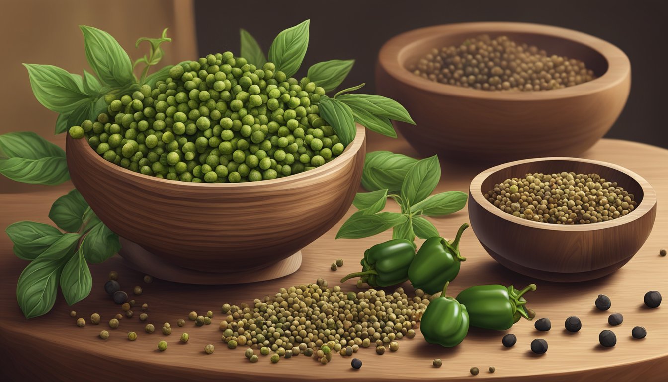 A bowl of green peppercorns spilling out onto a wooden cutting board surrounded by various herbs and spices