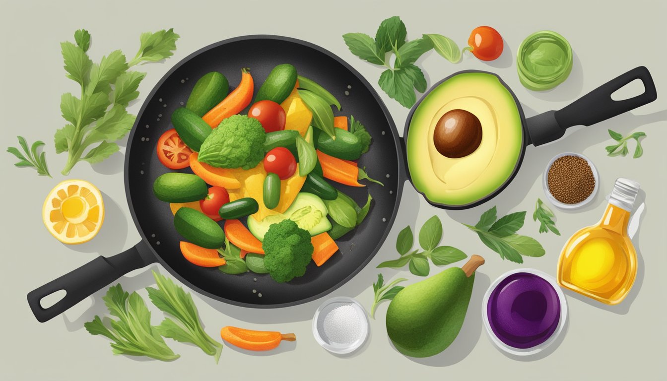 A sizzling skillet with vegetables being sautéed in grapeseed oil, surrounded by various alternative oils like avocado and sunflower