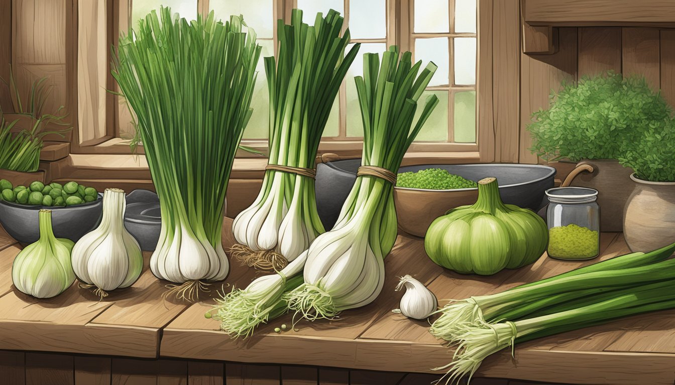 A variety of green garlic substitutes arranged in a rustic kitchen setting, including scallions, leeks, and chives