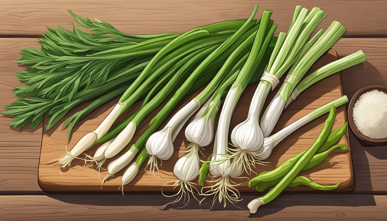 A bunch of green garlic shoots arranged on a wooden cutting board, surrounded by various herbs and spices