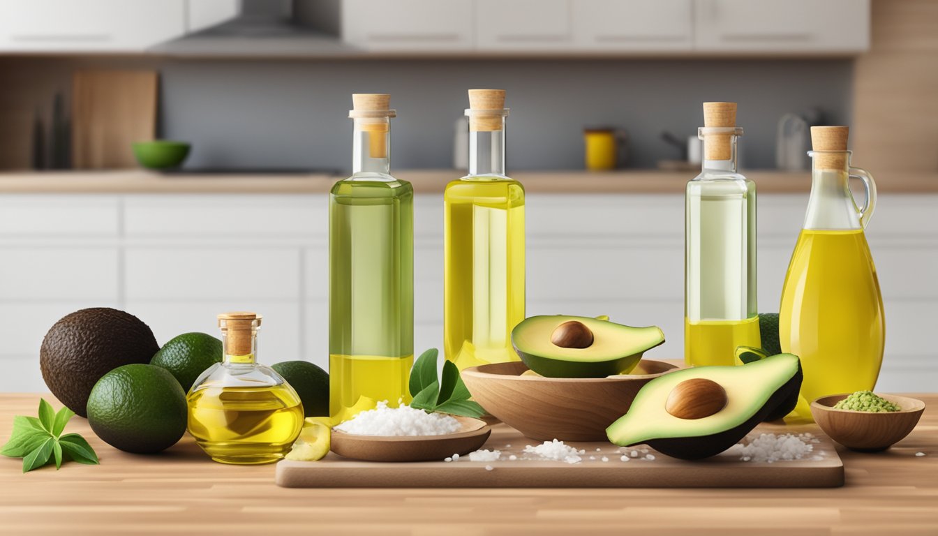 A bottle of grapeseed oil surrounded by alternative oils like avocado, sunflower, and coconut on a kitchen counter