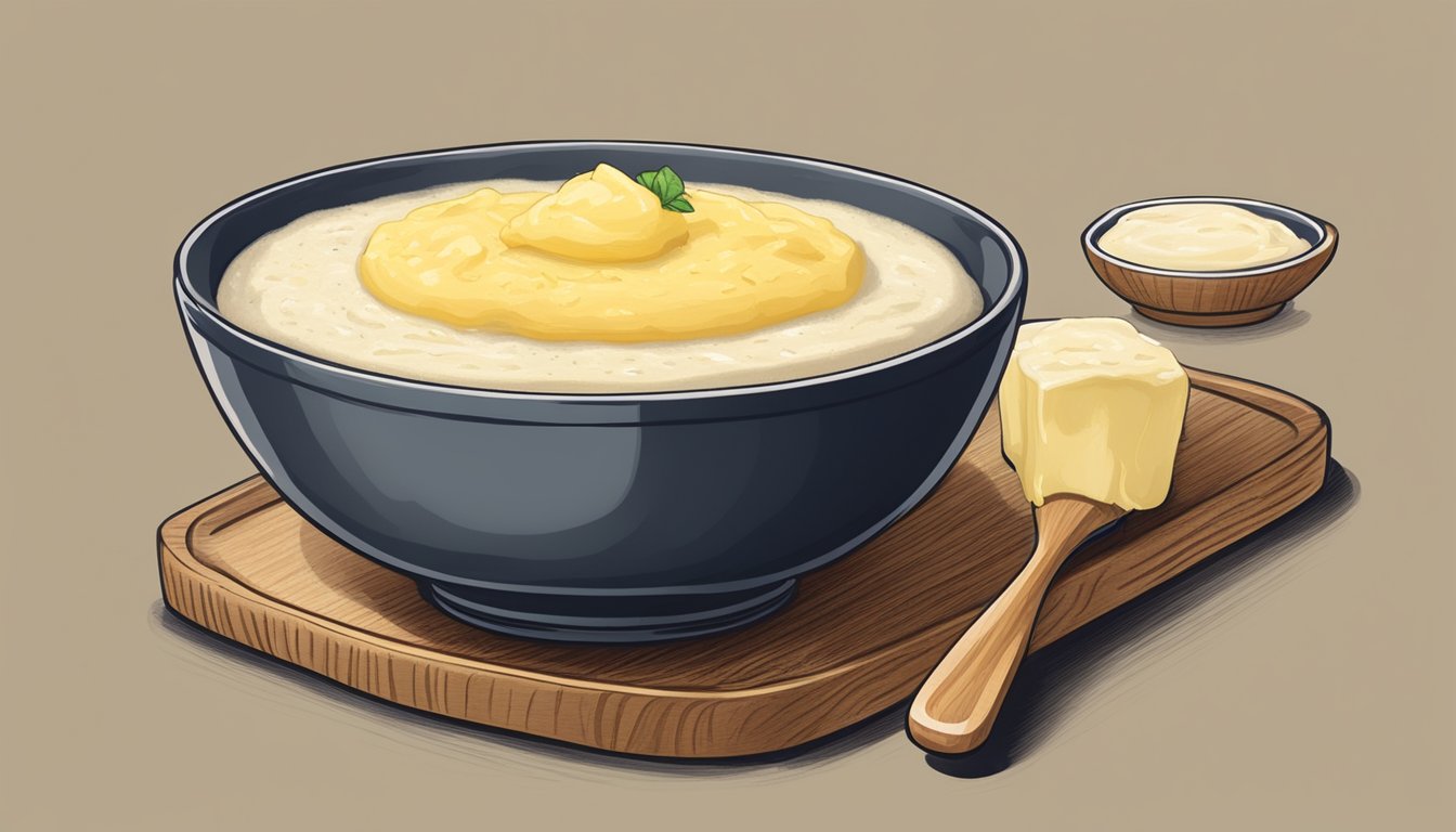 A bowl of creamy grits with a pat of butter melting on top, a wooden spoon resting beside it