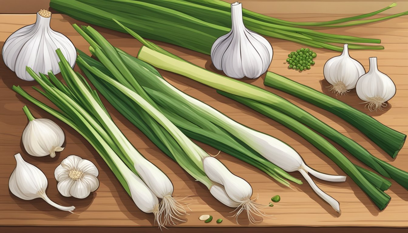 A variety of green garlic substitutes arranged on a wooden cutting board. The alternatives include shallots, scallions, chives, and leeks