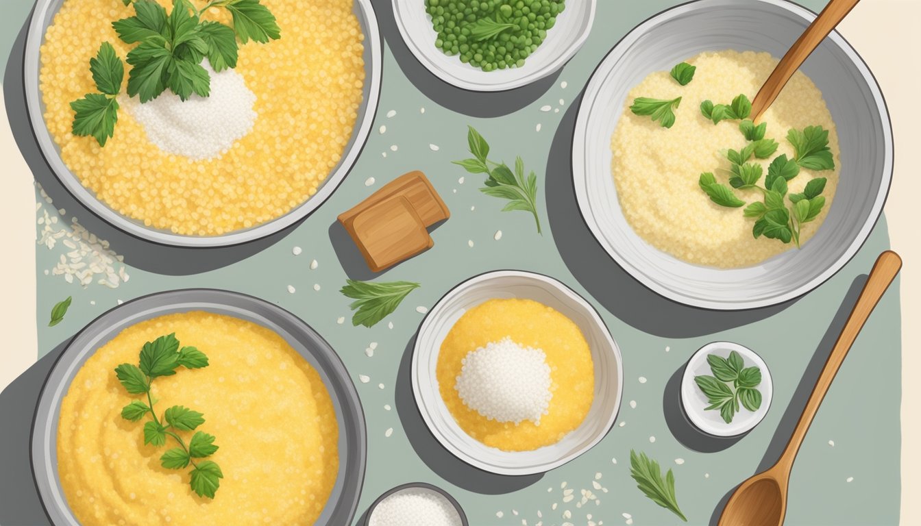 A bowl of grits surrounded by alternative ingredients like polenta, cornmeal, and rice, with a spoon resting on the side