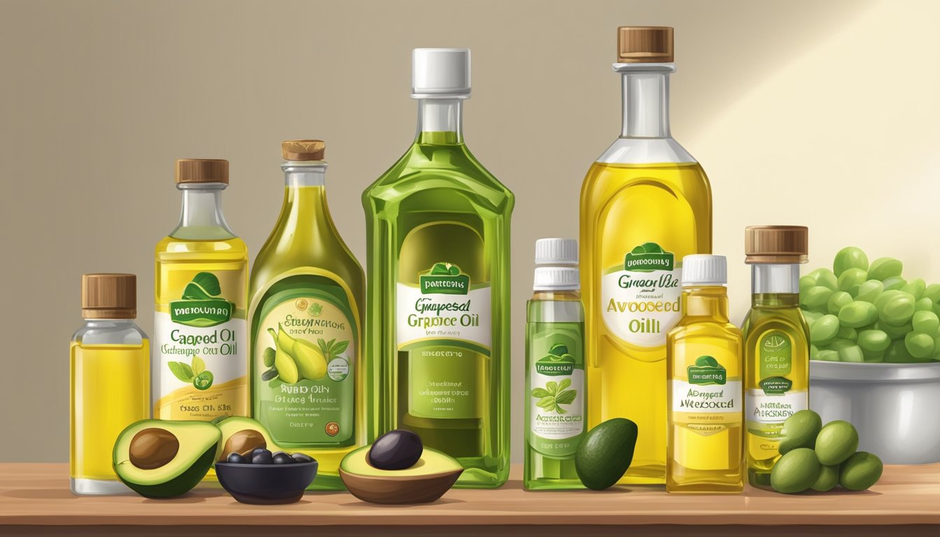 A bottle of grapeseed oil sits next to a variety of alternative oils, including olive, avocado, and sunflower oils, on a kitchen countertop