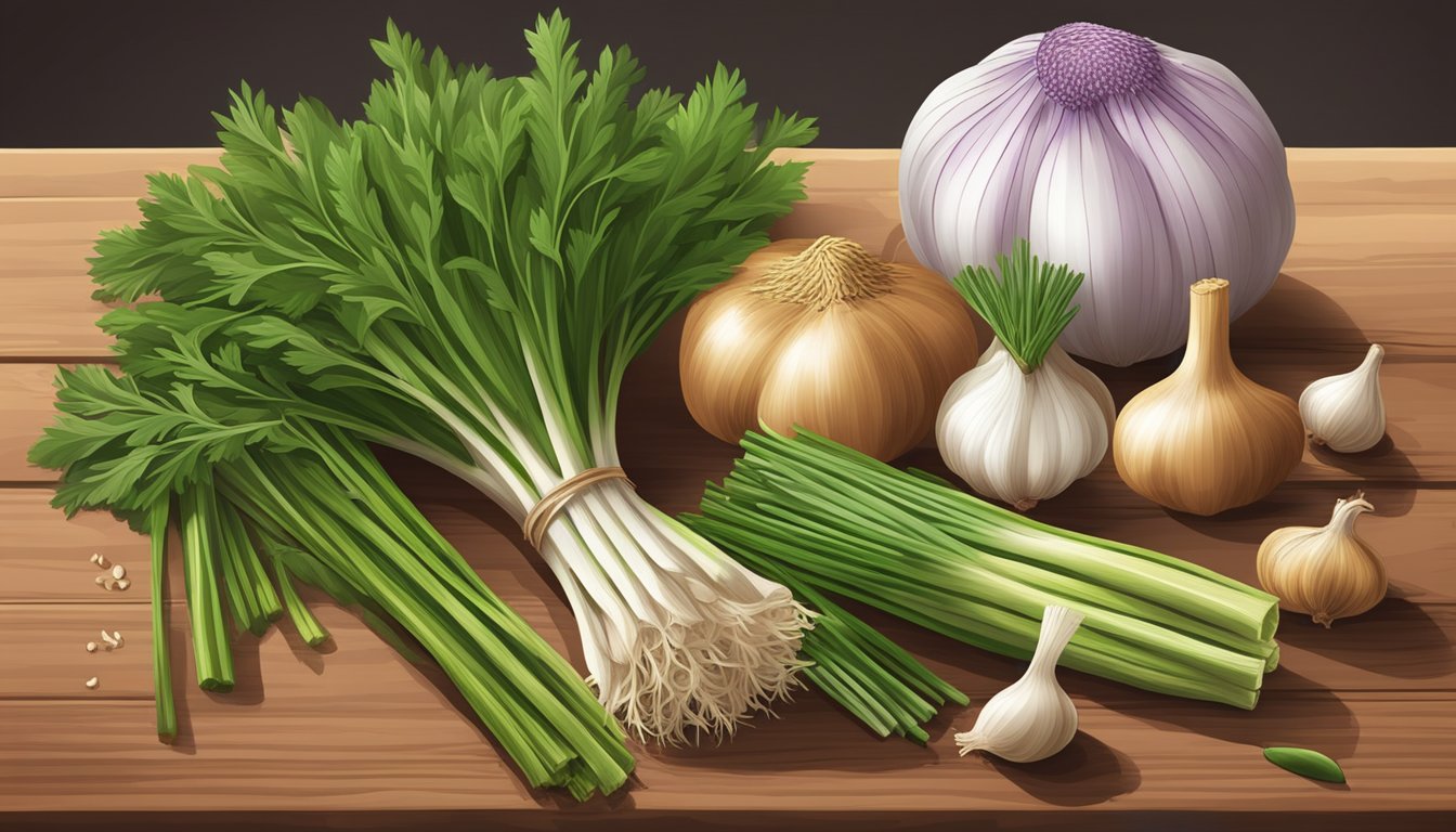 A variety of fresh herbs and spices, such as chives, shallots, and leeks, arranged on a wooden cutting board as garlic substitutes