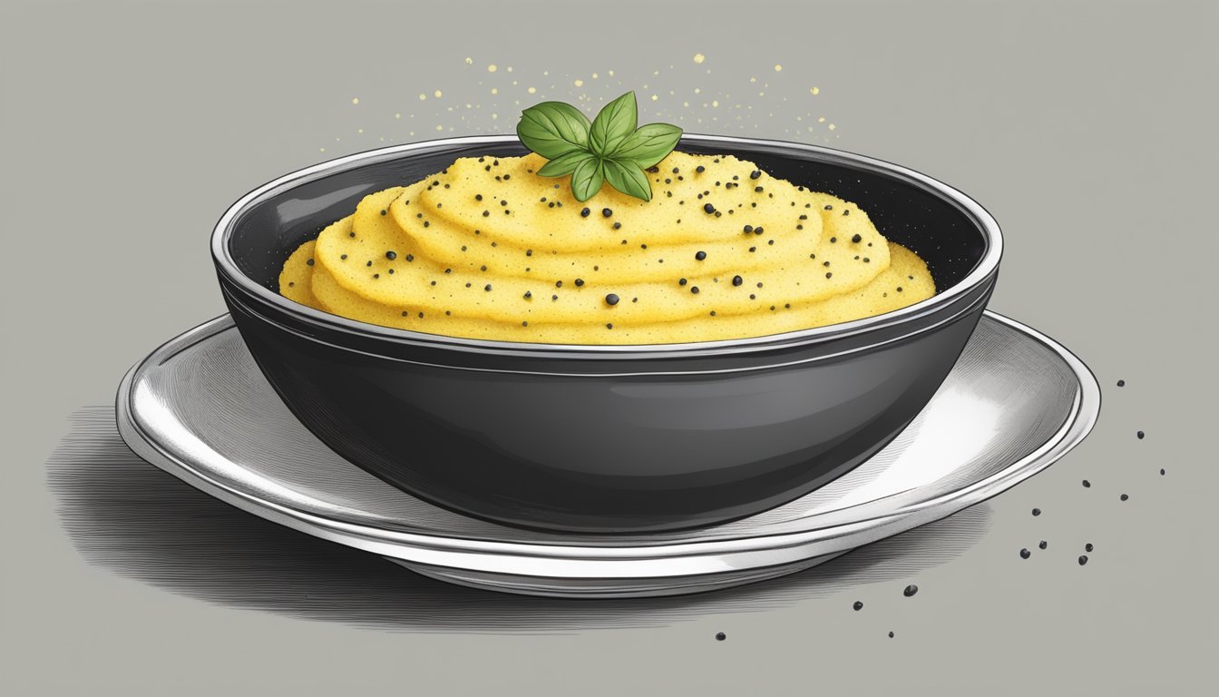 A bowl of polenta with a pat of butter and a sprinkle of black pepper on top