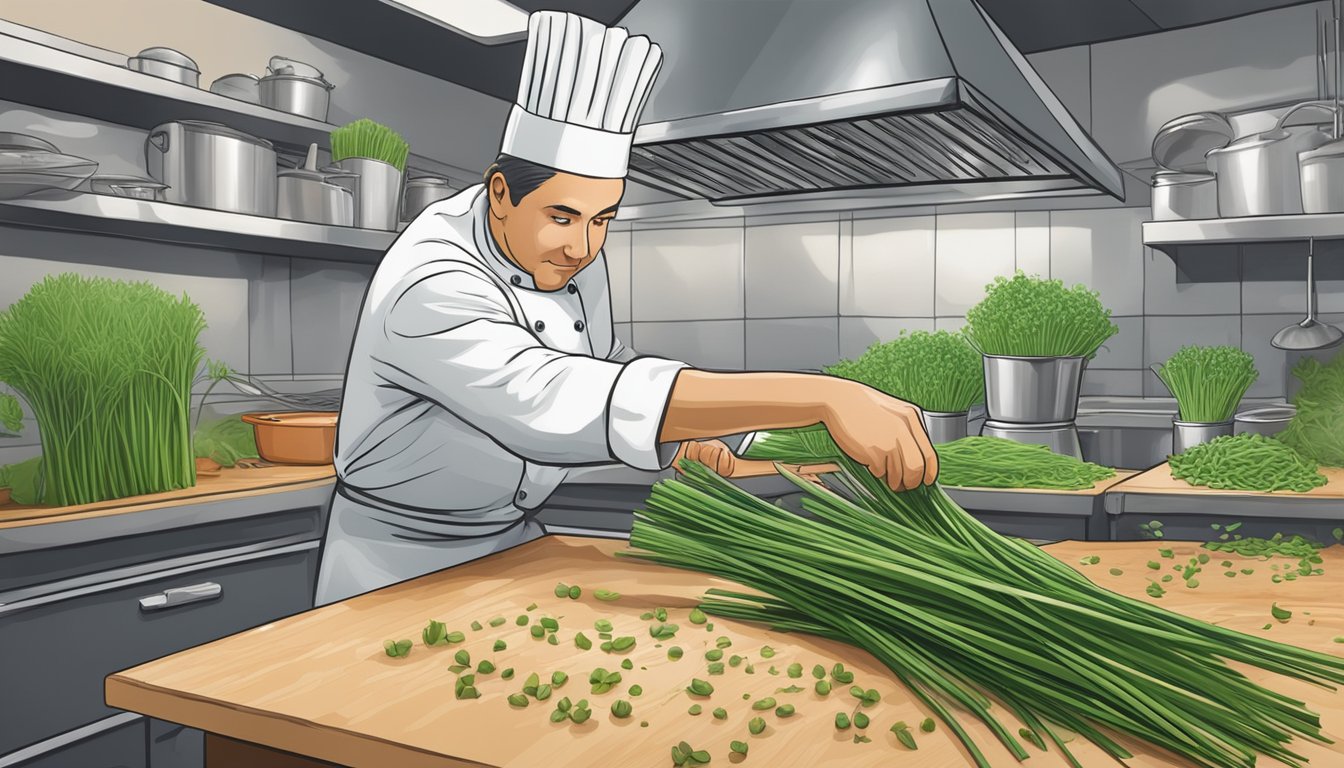 A chef reaching for a bunch of chives instead of green garlic in a bustling kitchen