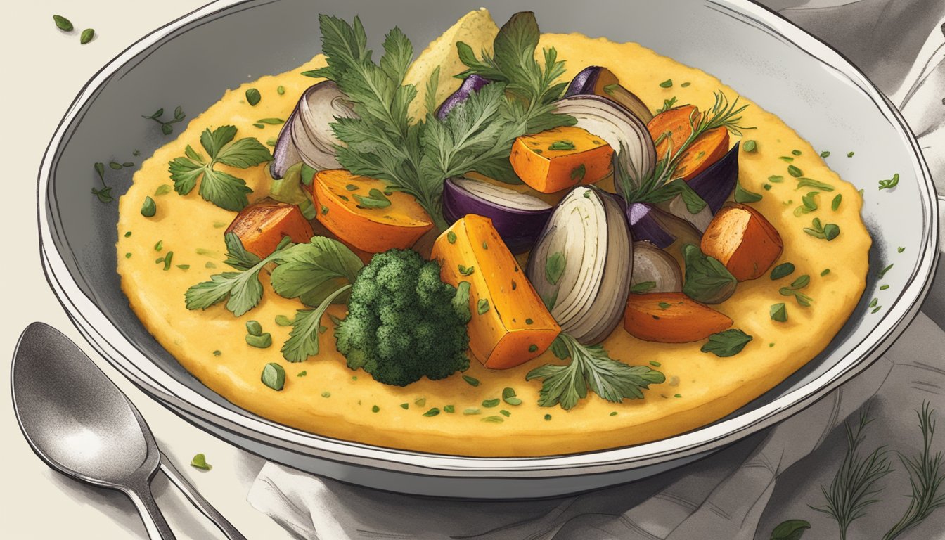 A bowl of creamy polenta topped with roasted vegetables and fresh herbs